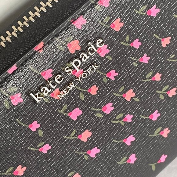 Kate Spade Sylvia Pink Floral Slim Wallet Womens Black Saffiano Zip Around - Picture 4 of 10